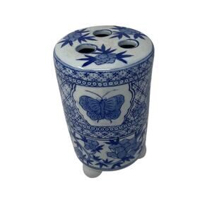 Vintage Chinoiserie Blue & White Butterfly Floral Toothbrush Holder